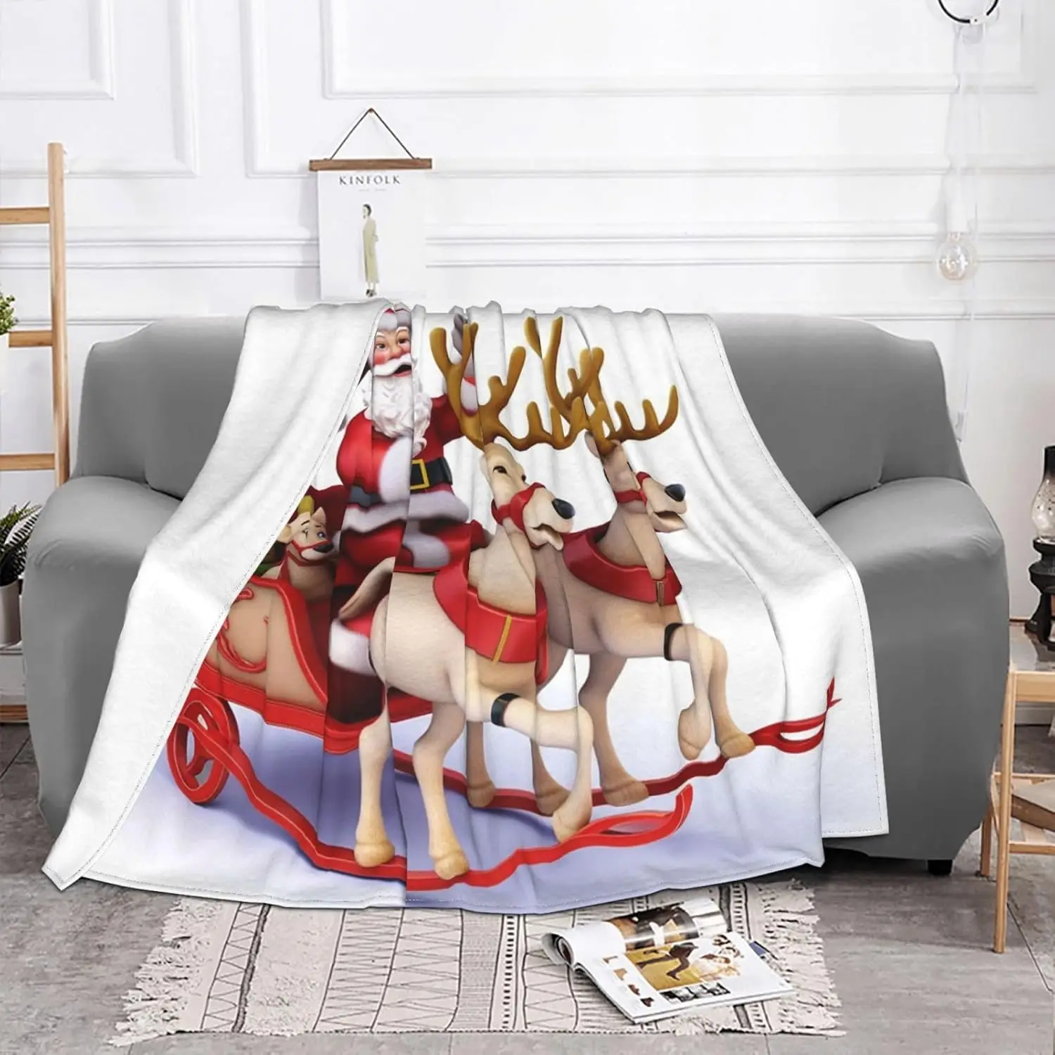Santa Claus Reindeer Sled Blanket and Throws Ultra-Soft Micro Fleece Throw Blanket Lightweight Flannel Air Conditioning Blankets
