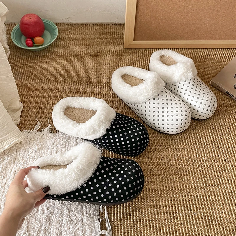 

Fashion Polka Dot Cotton Slippers Women's Winter New Plus Fluff Wool Non-slip Platform Warm Slippers