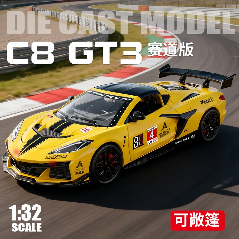 1:32 C8 GT3 Alloy Modified Super Sports Car Model Diecasts Metal Track Raing Car Vehicles Model Sound Light Toys Gift