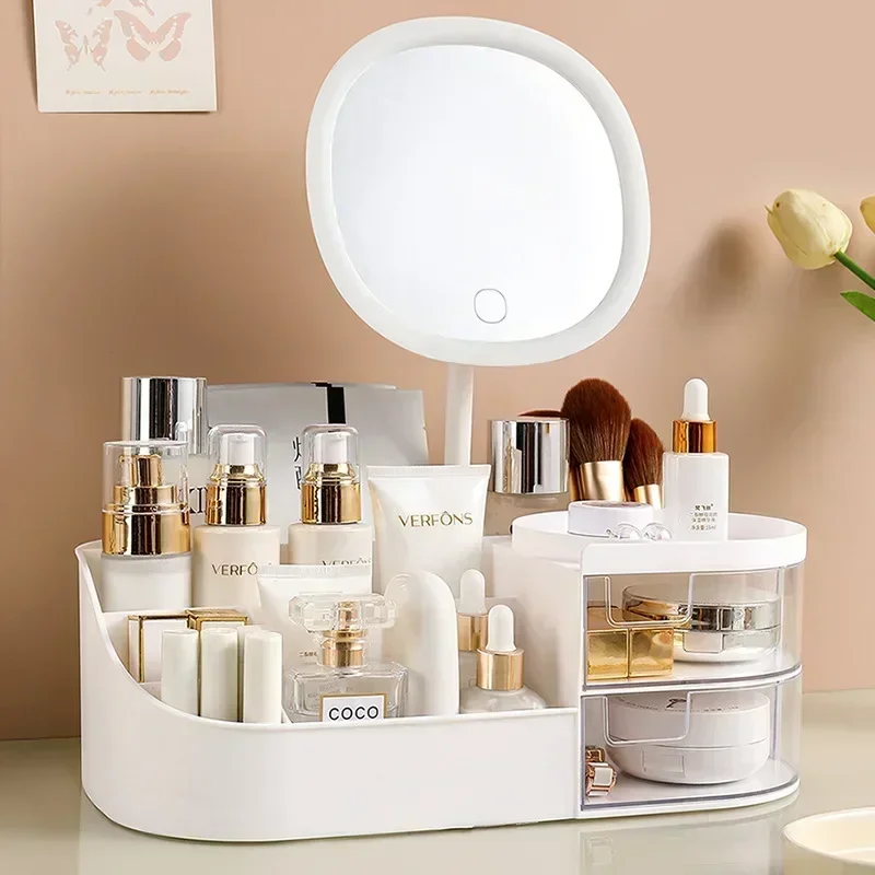 

Large Capacity Makeup Organizer with Rechargeable Makeup Mirror Skincare Organizer Countertop Cosmetic Display Case