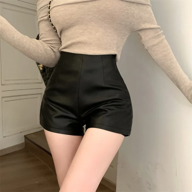 

Hsa Coffee colored PU leather pants casual shorts, women's autumn and winter high waisted tight straight pants, spicy girl