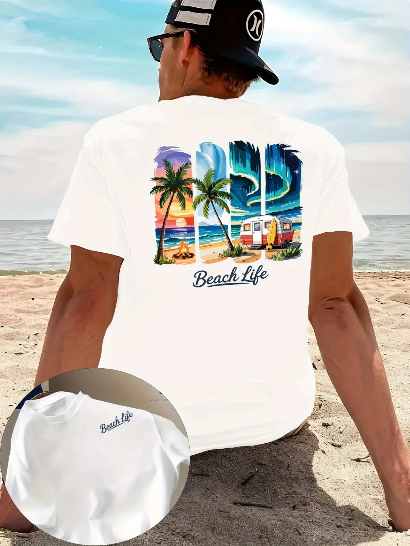 Sommer Herren Lässiges Mode-T-Shirt mit Buchstabenmuster Strandthema Geeignet für Tägliches Casual Wear 100% Baumwollmaterial Trendig