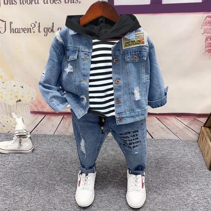 3Pcs/set Children\'s Spring Fall Clothing Boys Denim Jacket Girls T-shirts Hooded Sweatshirt+Denim Jacket + Jean Pant Kids Suits