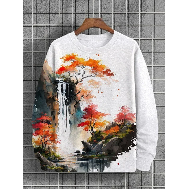 Autumn 3d Landscape Graphic Long Sleeve Printed T-Shirt Fashion Sweatshirts For Men Pullover Shirt Oversized Men's Clothing Tops