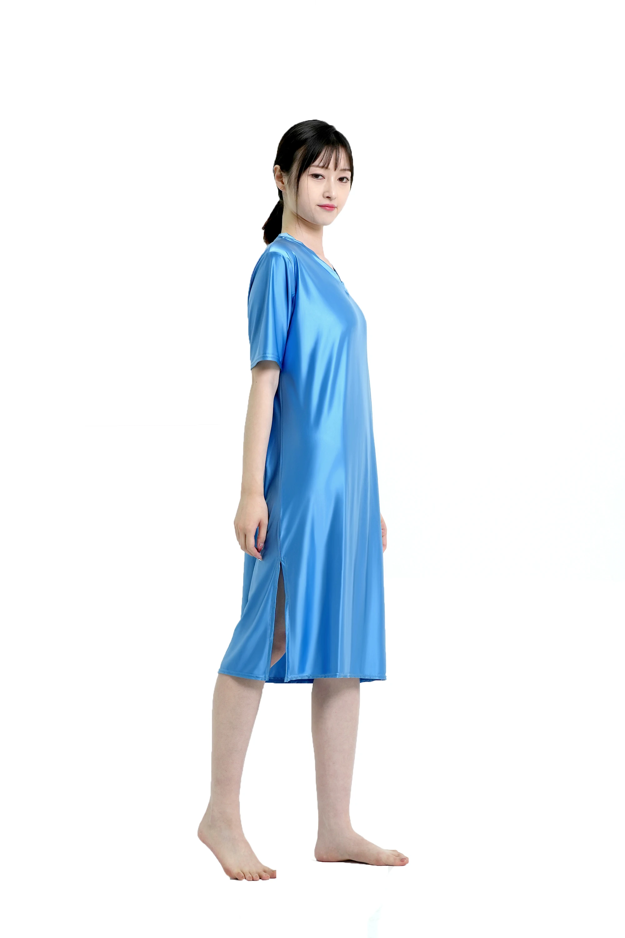 MJINM Women Silky Oil Smooth Long Dresses V-Neck Short Sleeve Comfortable Beach Casual Glossy Loose Housewear Pajamas Nightdress