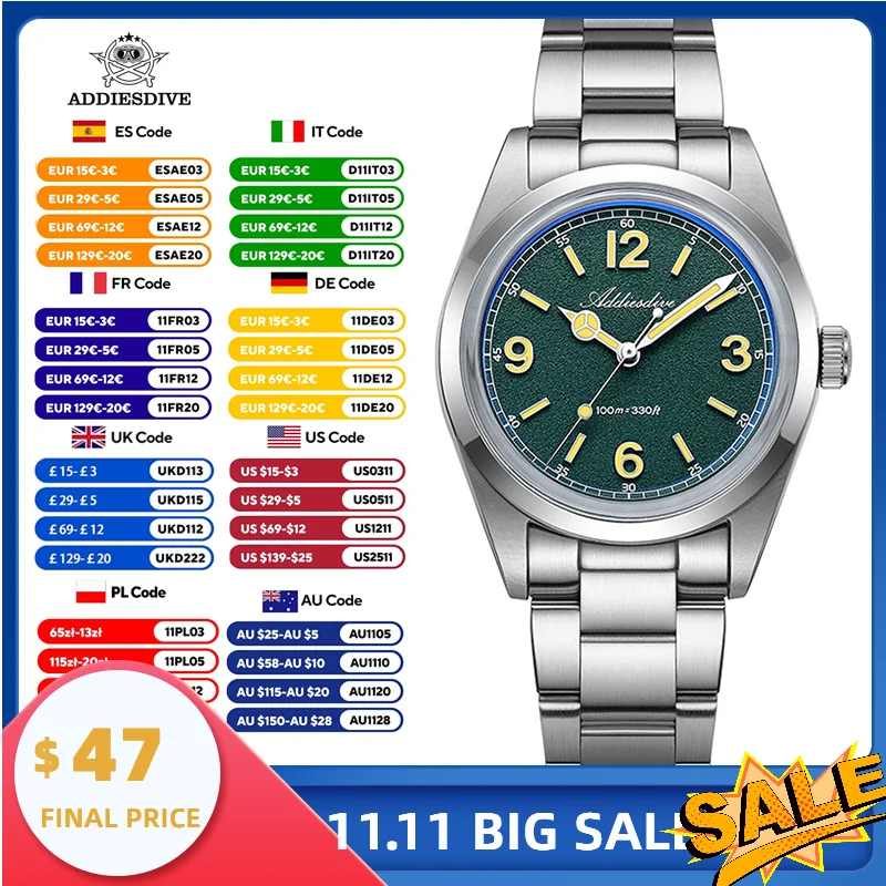 Addiesdive ساعة كوارتز فاخرة للرجال 36 مللي متر الفولاذ المقاوم للصدأ مقاوم للماء تصميم ريترو BGW9 مضيئة فقاعة كريستال VH31 اليابان حركة #1