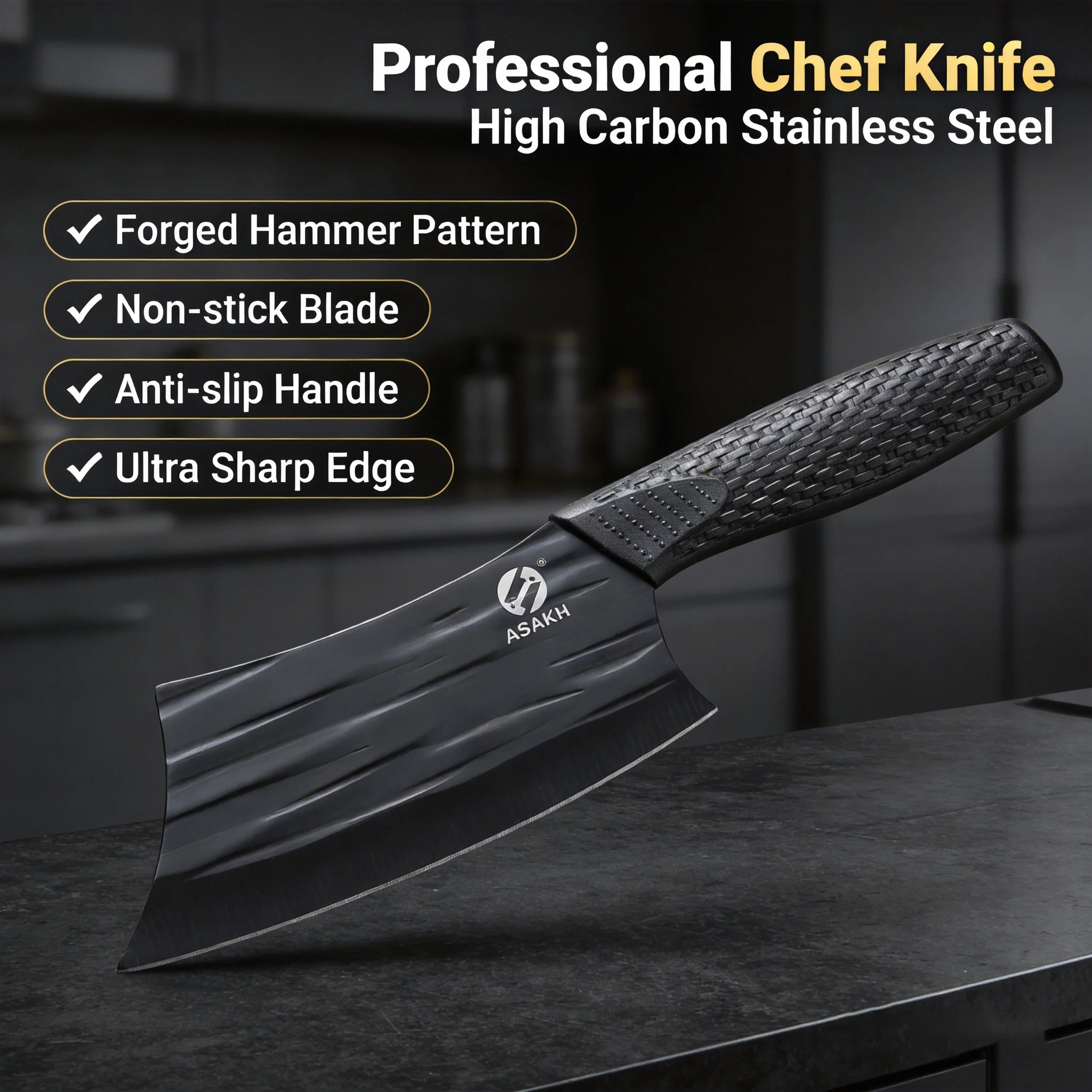 Professional forged stainless steel kitchen knife with non-slip handle. Suitable for cutting meat and fruits in the kitchen.