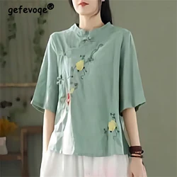 Women Chinese Ethnic Style Vintage Shirts Stand Collar Embroidery Cotton Linen Blouses Solid Half Sleeve Loose Tops Ropa Mujer