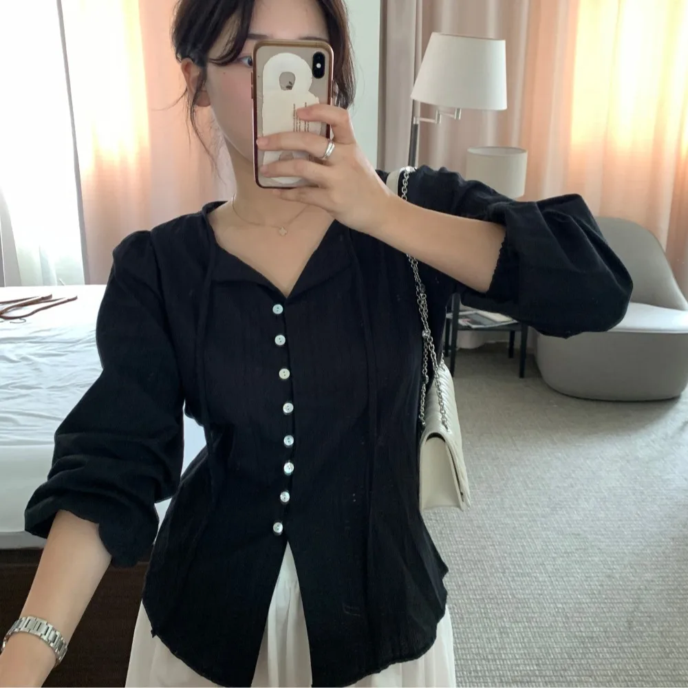 Sweet Elegant Long Sleeve Shirt Women's Slim Fit Waist Cinched Top French Style Fashion Spring 2026 No Special Function view 3