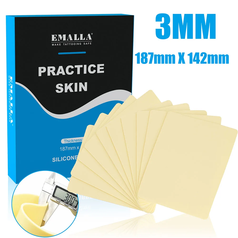 EMALLA 10pcs Tattoo Practice Skin 3MM Silicone Fake Skin Double Sided for Permanent Makeup Training Supply Tattoo Accessories