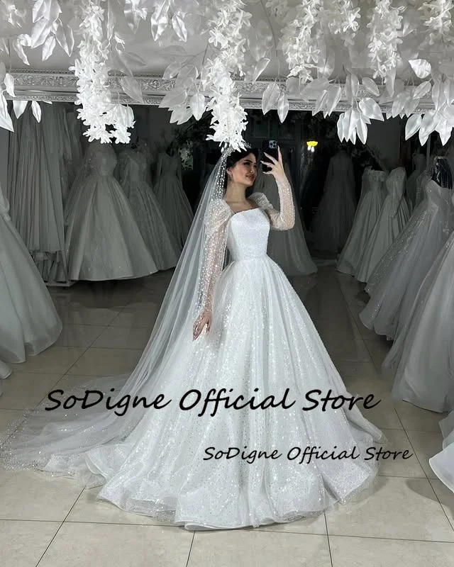 SoDigne A-line Glitter Wedding Dresses Square Collar Full Sleeves Beading Bridal Dress Wedding Gown Robe De Mairee ﻿Customized