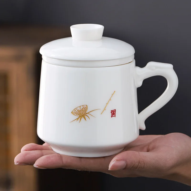 

Jadeite ceramic tea and water separation office cup, high-end household tea cup with handle, office mug gift