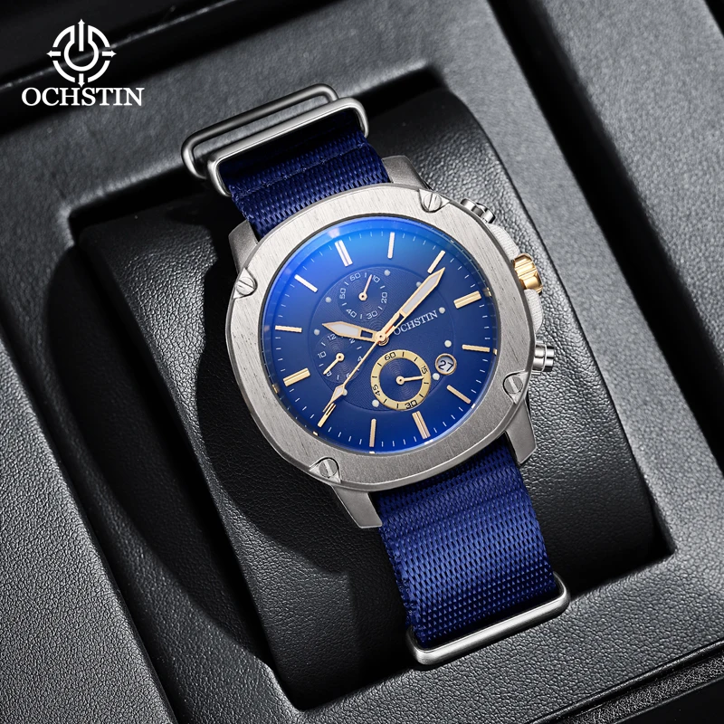 

OCHSTIN Quartz Watch Outdoor Sport Military Chronograph Stopwatch Auto Date Luminous Male Wristwatch with Slip-thru Nylon Strap