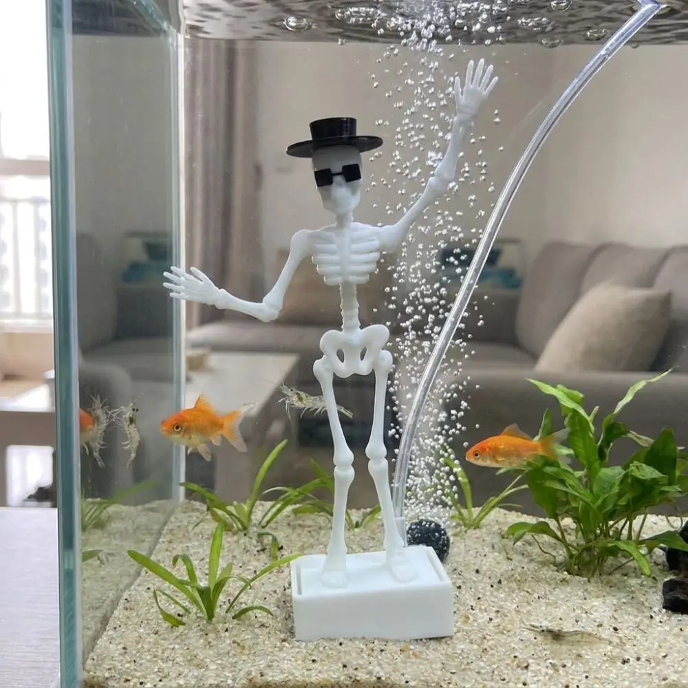 3D Printed Dancing Skeleton Aquarium Bubbler Wear Hat Sunglasses Plastic Dynamic Skeleton Bubbler Gothic Air Driven