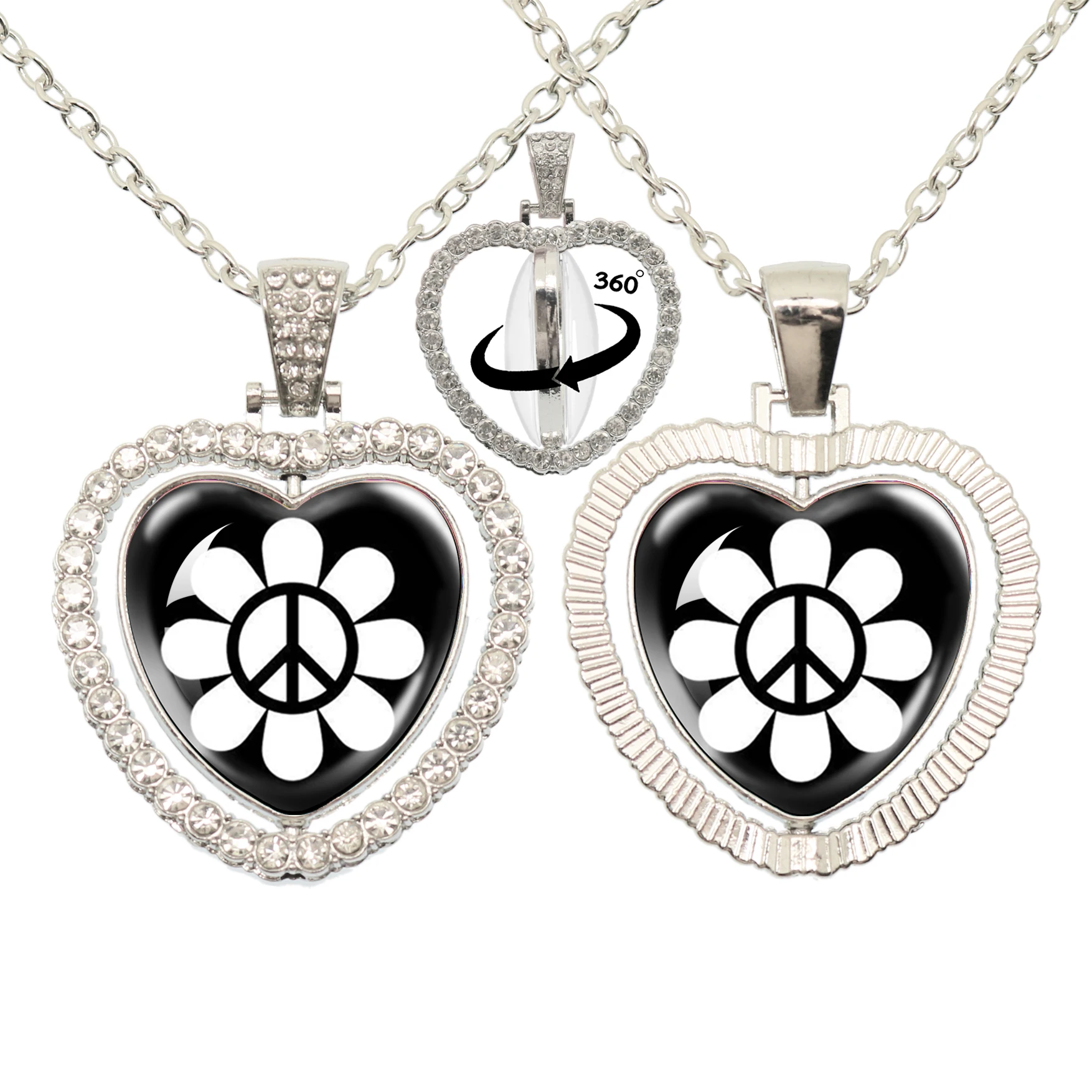 Popular Peace Logo Flower Bus 25mm Peach Heart Double sided 360 degree Rotating Necklace Glass Pendant Printed Photo Necklace