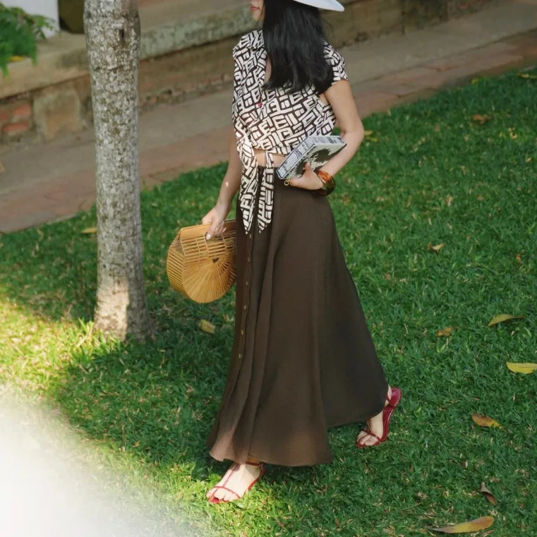 Withered 2026 Summer New Simple And Versatile Style Coco Brown Single Breasted Linen A-line Half Length Skirt