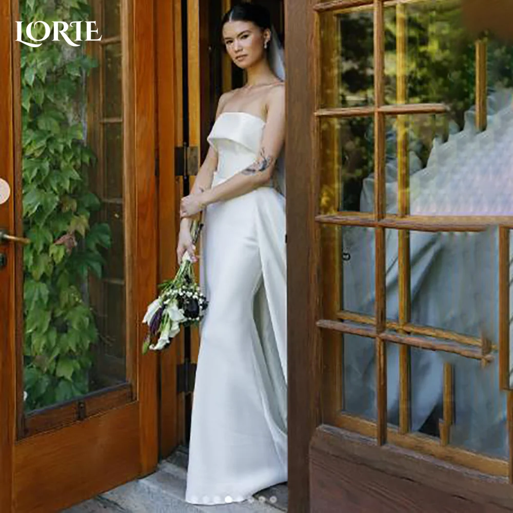 LORIE Strapless Wedding Dress Elegant Satin Bow Bridal Gown Customized A-Line Floor Lenth Bride Dress Zipper Saudi Dress Dubai