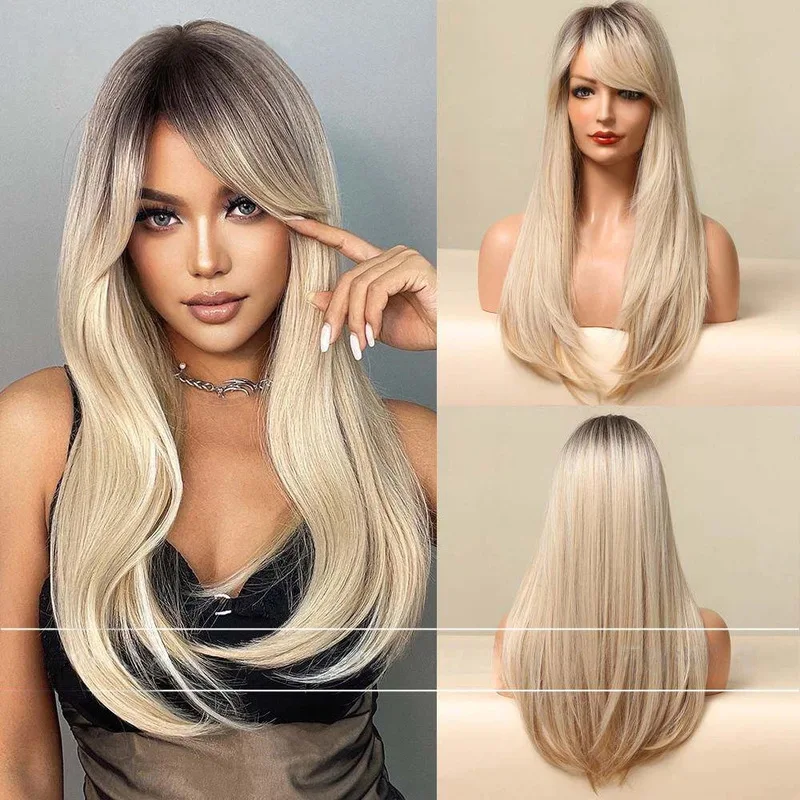 Women's long curly hair wig, gradient white-gold color, sexy European and American style, full head cover