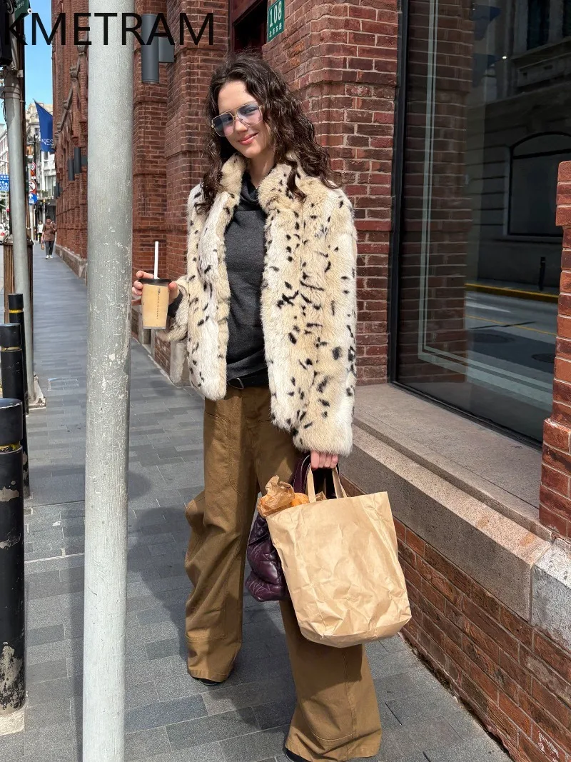 KMETRAM Real Rabbit Fur Jacket Women 2026 Vintage Leopard Print Real Fur Coats Winter Jacket Women Short Coat Women Abrigo Mujer