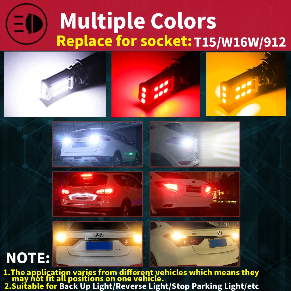 2PCS T15 W16W LED Super Bright 15SMD 2835 921 912 LED Canbus No ERROR Car Backup Stop Reserve Lights Bulb Brake Lamp red White