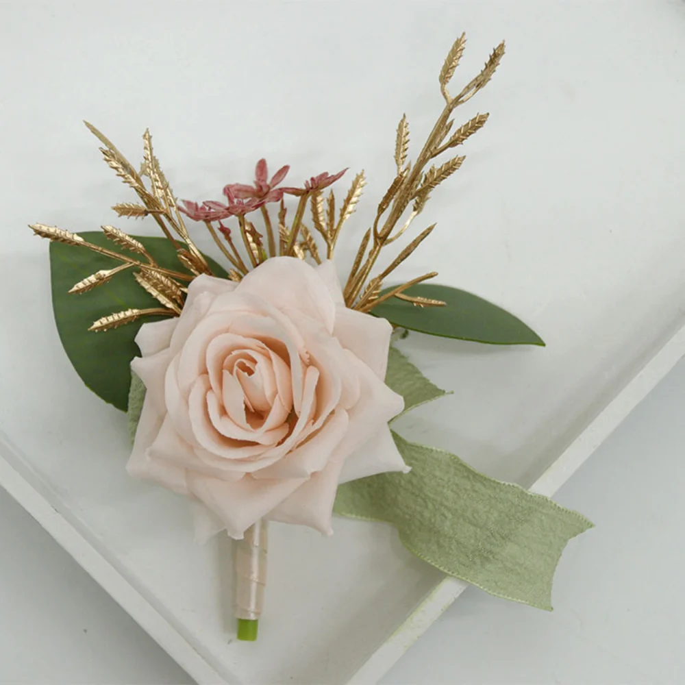 Flores de boda para mujer, alfileres de invitados, rosa claro, seda, ramillete, muñeca, dama de honor, padrino de boda