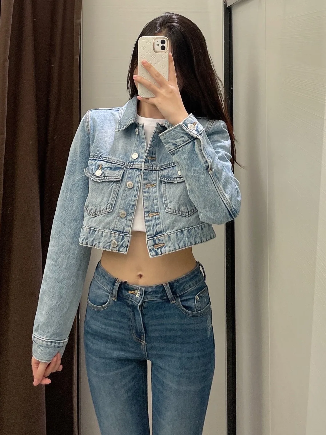

WMXZ Commuter Autumn New Style Women's American College Retro Short Denim Jacket Coat Button Long Sleeve Collar Windproof