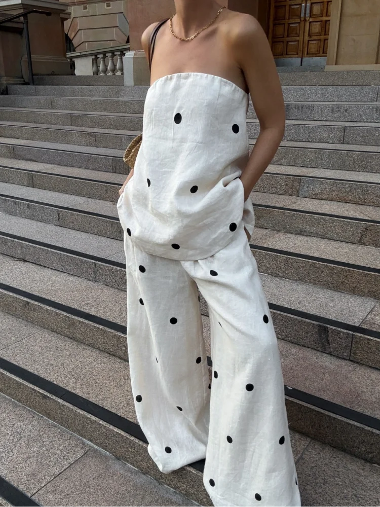 הדפס עגול מזדמן את הכתף ללא שרוולים נשים חולצה חליפה שיק מוצק גבוהה מותניים כיס רופף חליפות גברת