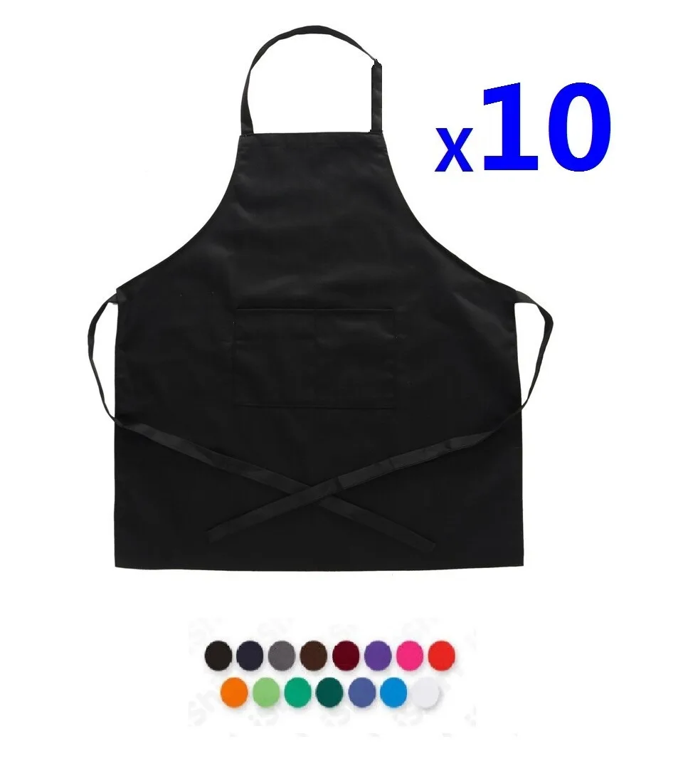 

10x Plain Apron Bib Washable Pocket Butcher Waiter Chef Kitchen Cooking Craft