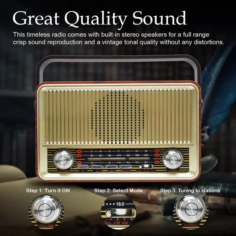 Vintage Portable Retro Radio AM FM SW Band Bluetooth Speaker Support TF USB MP3 Player Super Bass For Home Desktop