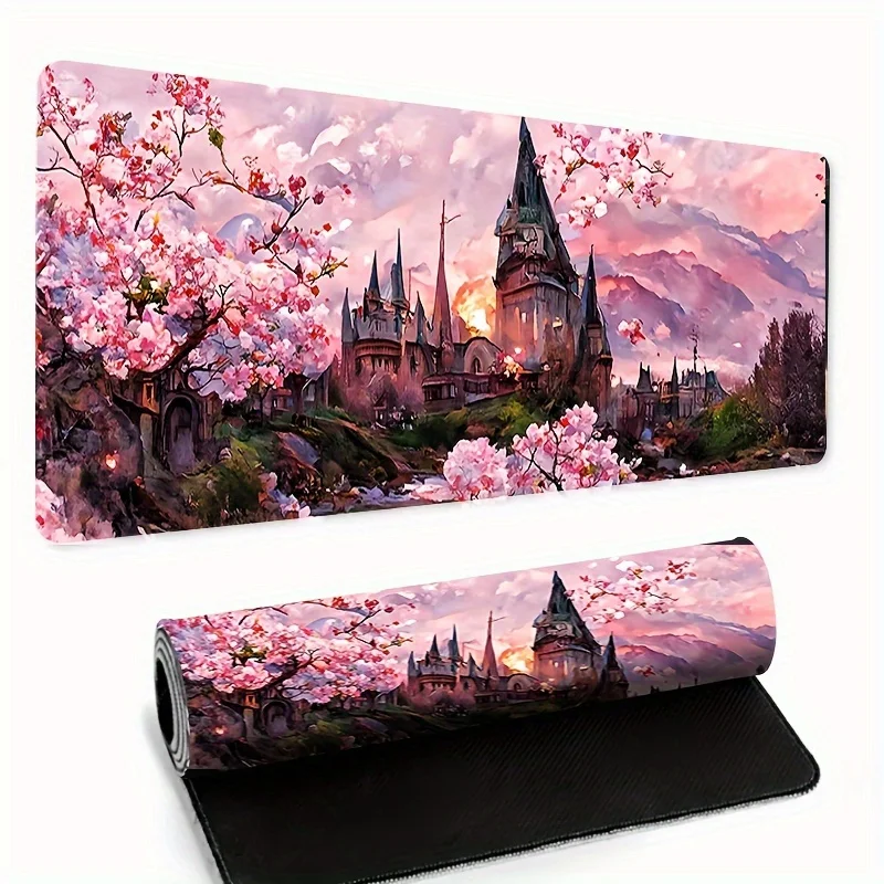 

Pink cherry blossom castle scenery, anti-slip and durable rubber material, suitable for office, Christmas and Halloween gifts