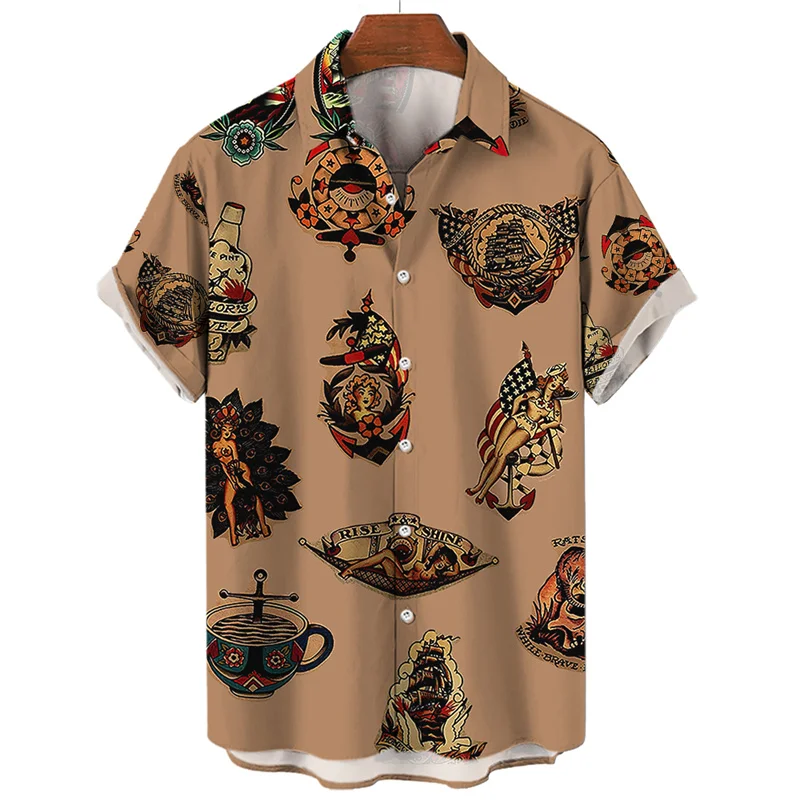 Men\'s Summer Floral Oversized Hawaiian Short Sleeve Shirt Y2k Casual Goth Custom Human Elements Street Style Original Clothing