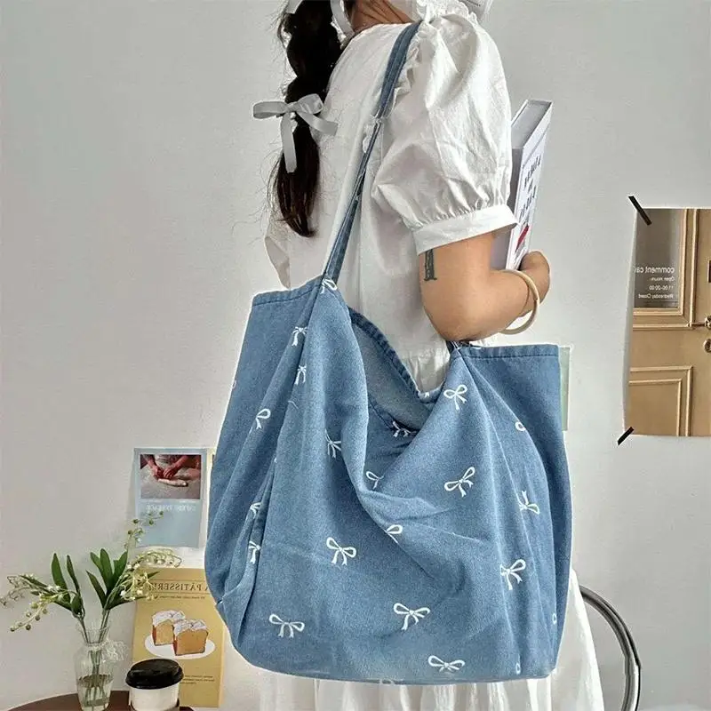 Hochwertige Denim-Canvas-Tasche, Damen-Schultertasche mit Schleife, süß und vielseitig, große, lässige Umhängetasche – Detail 8