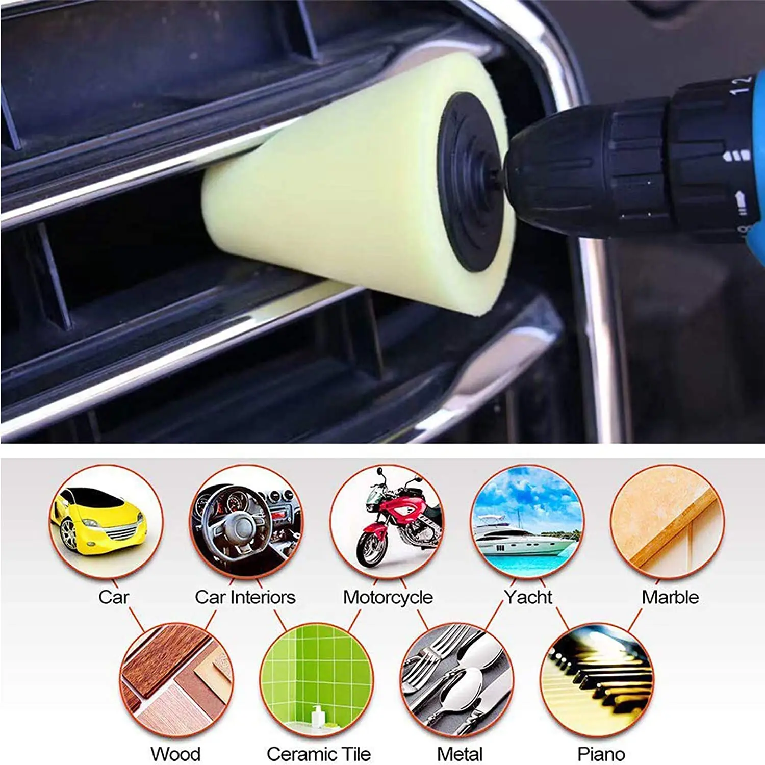 Car Buffing and Polishing Kit for Drill 14Pcs Drill Polishing Wheel Foam Conical Buffing Sponge Pads Set for Automotive Car