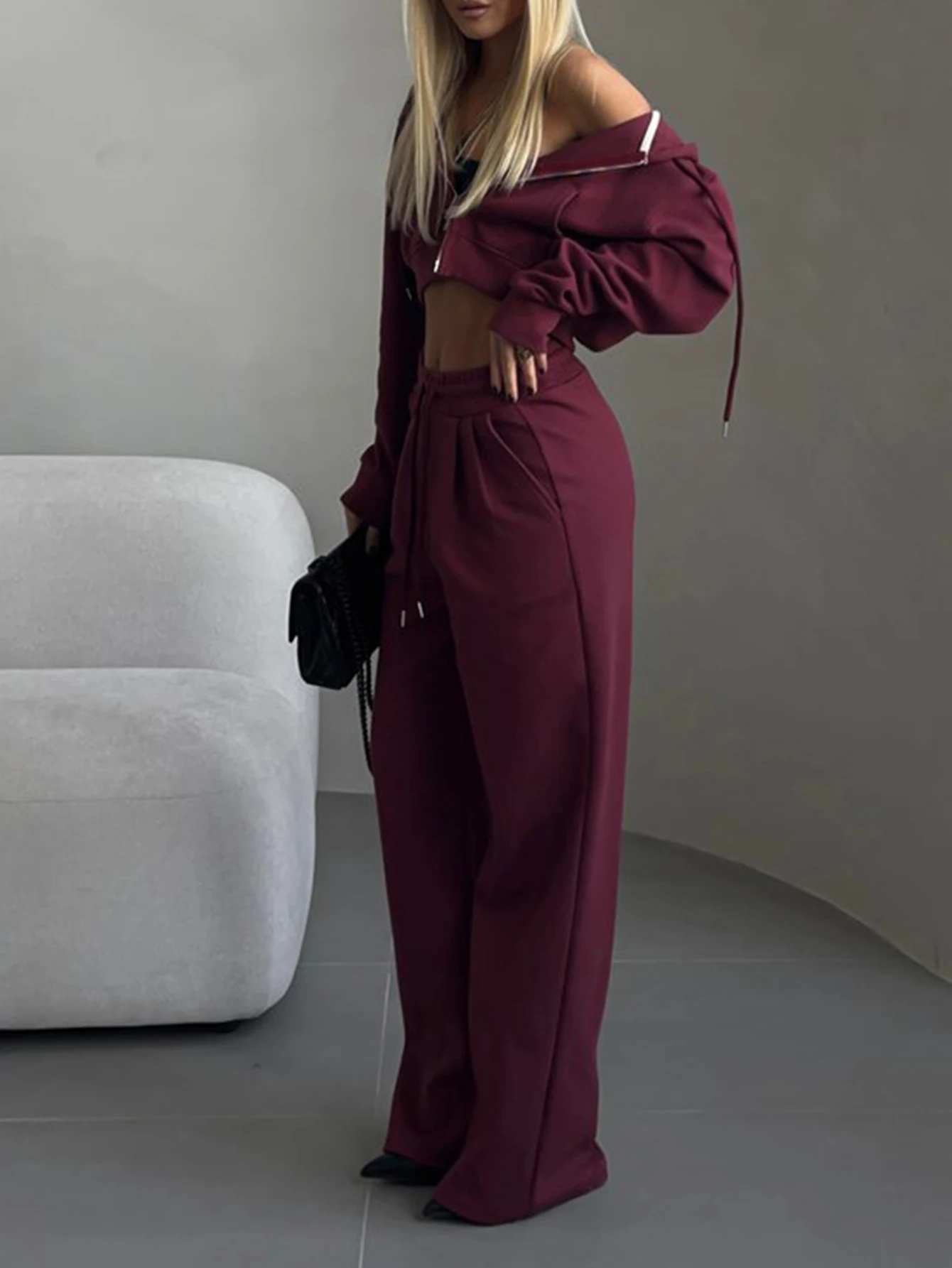 女性用 スリムフィット ソリッドカラー フード付き クロップドトップとアンクルパンツセット 長袖 ジッパー ナチュラルウエスト デイリーコーデ