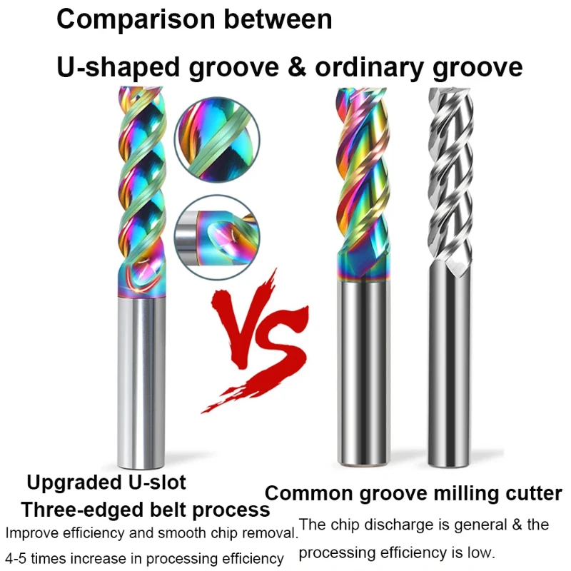 HRC65 Schaftfräser für Aluminium, U-Nut, 3 Nuten, Legierung, Beschichtung, Wolframstahl, Schneiden, Gravieren, CNC-Werkzeug, Bearbeitung, Fräser