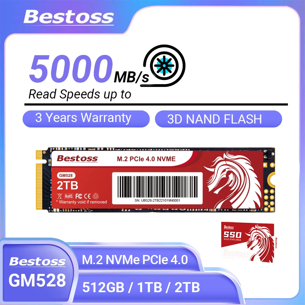 

Bestoss PCIe 4.0 SSD M2 NVMe Gen4 512 ГБ 1 ТБ M.2 2280 5000 МБ/с Внутренний твердотельный накопитель для портативных ПК PS5