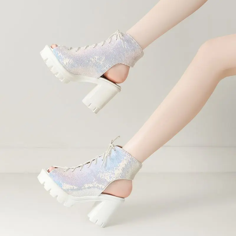 REAVE CAT 2027 New Design Female Sandals Peep Toe Chunky Heels 9cm Platform 3cm Lace Up Extended Size 41 42 US12 Fashion Shiny