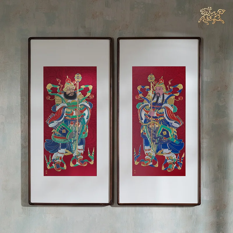 A pair 2p large ASIA home shop hallway wall high grade brass sculpture frame MEN SHEN Gods painting BLESS safe GOOD LUCK