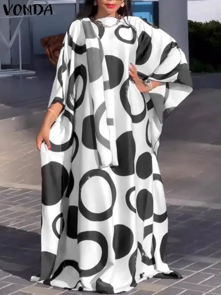 Plus Size VONDA Oversized Sundress Women Bohemian Printed Maxi Long Dress 2024 Summer 3/4 Bat Sleeve Casual Loose Ruffle Vestido