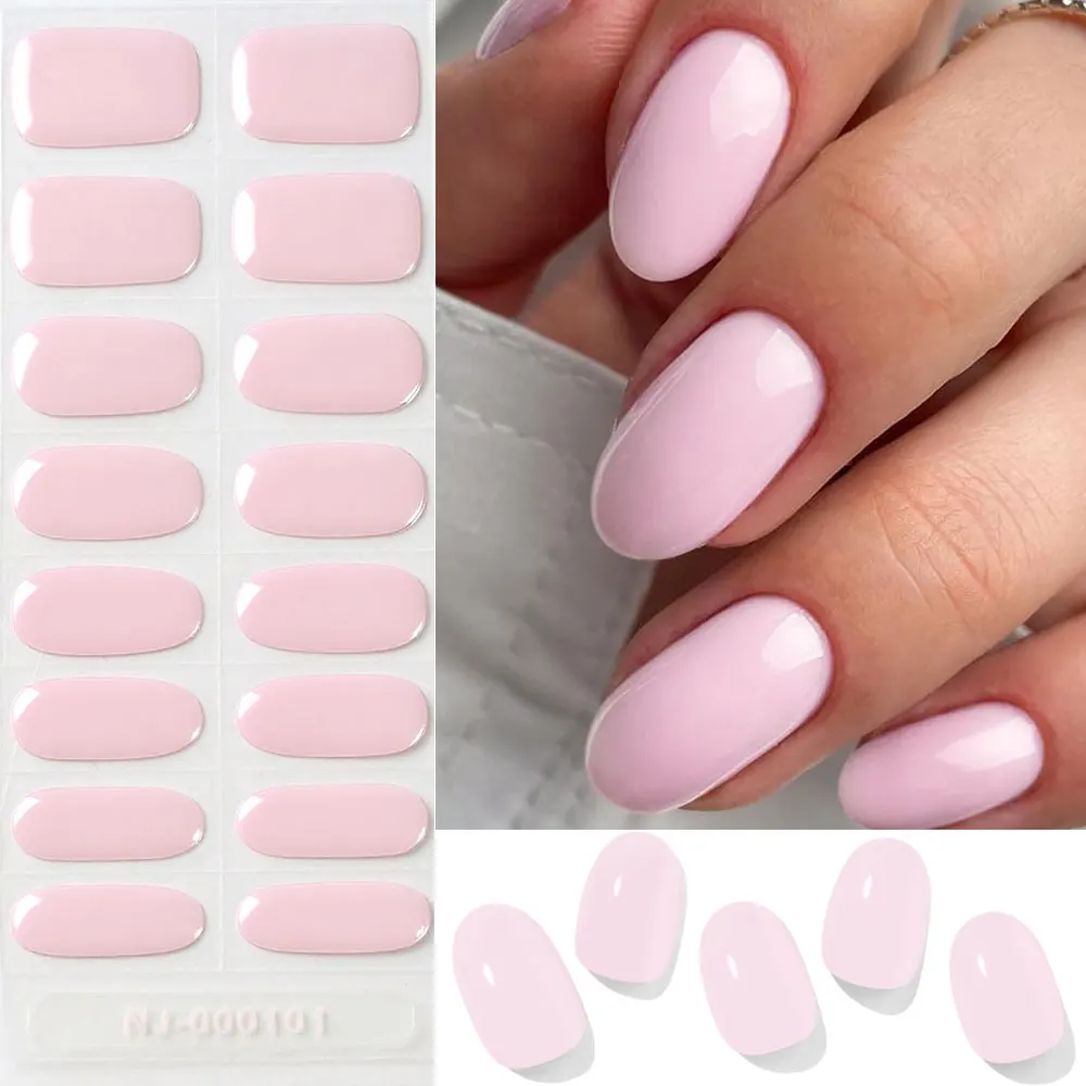 16tips Pink Semi Cured Gel Nail Strips UV/LED Gel Nail Wraps Stickers with 1*Nail File Full Cover Adhesive UV Polish Nail Strips