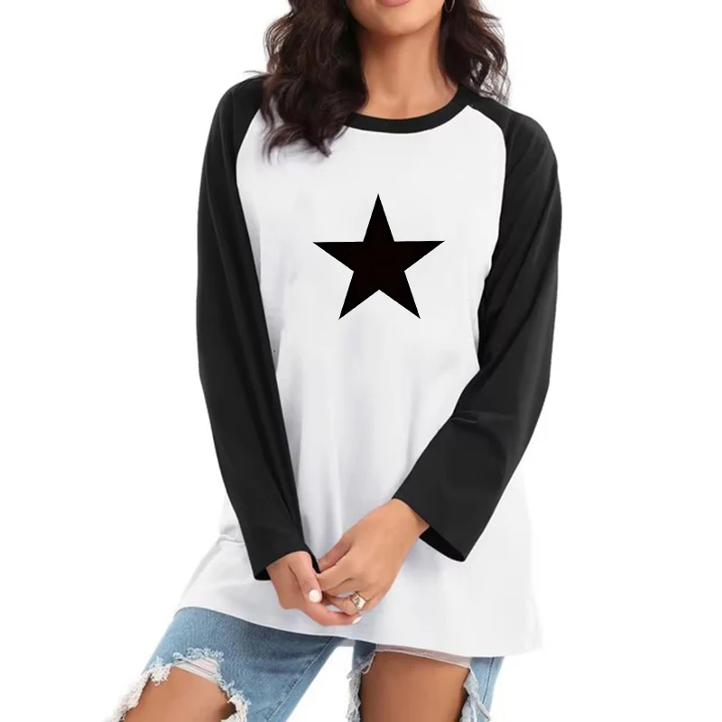 

90s Fall Winter T-shirt Women Vintage Tee Top Tshirt Clothes Women's Graphic Long Sleeve T Shirt with Star Applique Design Print