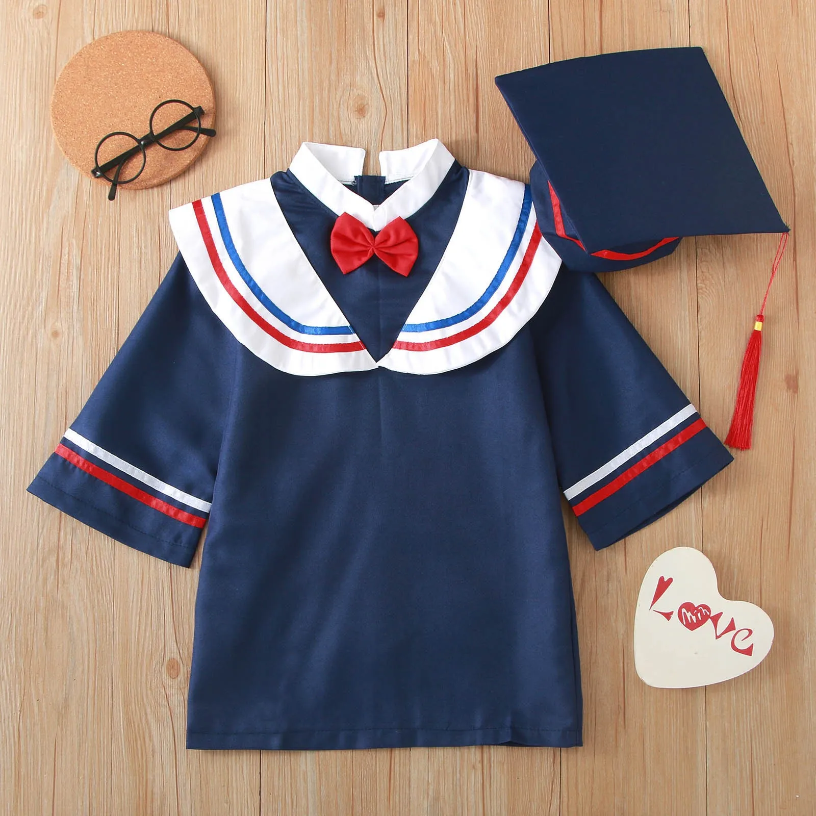 Kinder Afstuderen Kostuum Kleuterschool Bachelor Jurk Academin Uniform Satijn Sjerp Jongen Gilr Fotografie Performance Robe Muts Set