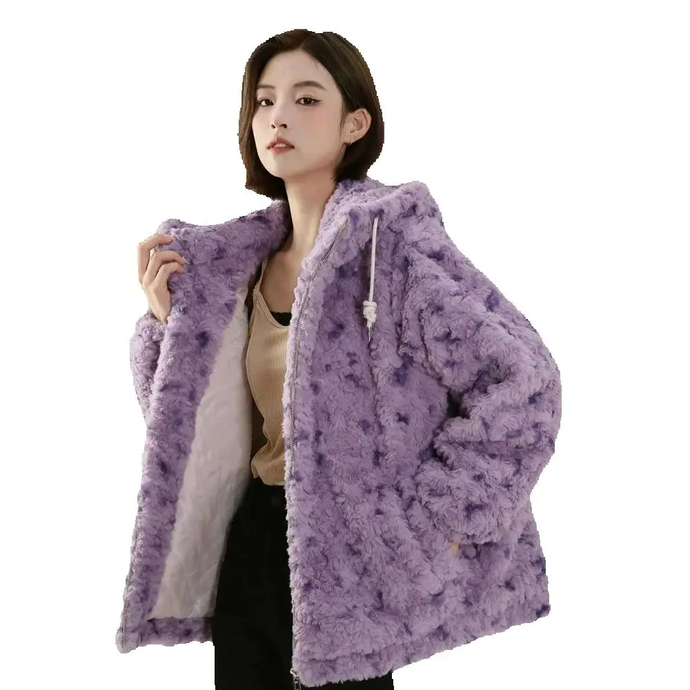 Lamb Wool Hooded Retro Spots Imitation Rabbit Hair Loose Fashion Coat Autumn And Winter High-grade Plush Warm Casual Coat Female