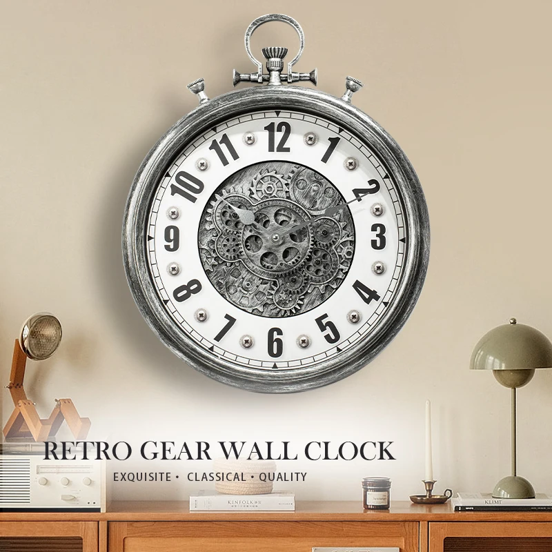 Living room, office original moving gear large wall clock vintage industrial pocket watch steampunk country farmhouse decoration