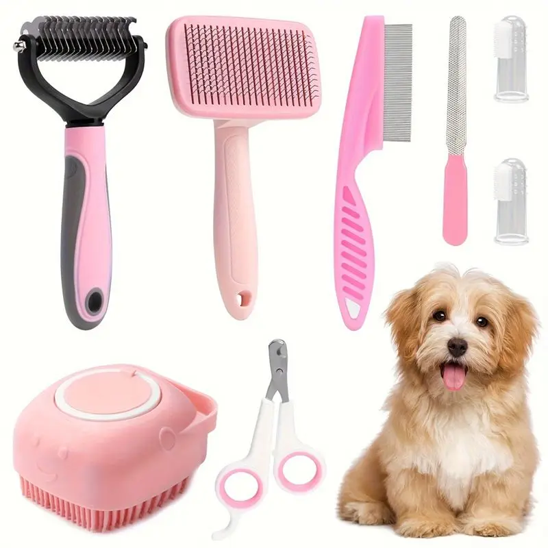 AEE8-8Pcs Dog Brush Grooming Set, Pet Self-Cleaning Set, With Pet Nail Clippers And Files, Comb, Pet Shampoo Bath Brush