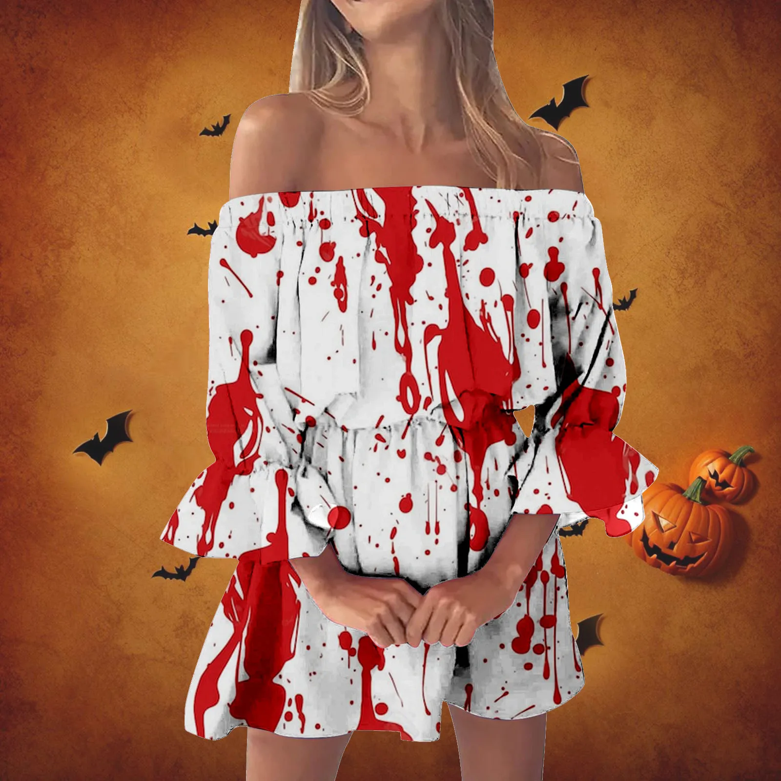 Women'S Halloween Sexy Dress Bloody Horror Print Dress One-Line Shoulder Petal Sleeve Slimming Dress Featured Holiday Dress