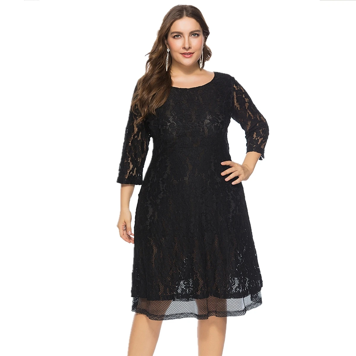 Plus Size New Arrival czarny kolor O dekolt rękaw 3/4 imprezowa wieczorowa, formalna koronkowa sukienki Midi dla kobiet