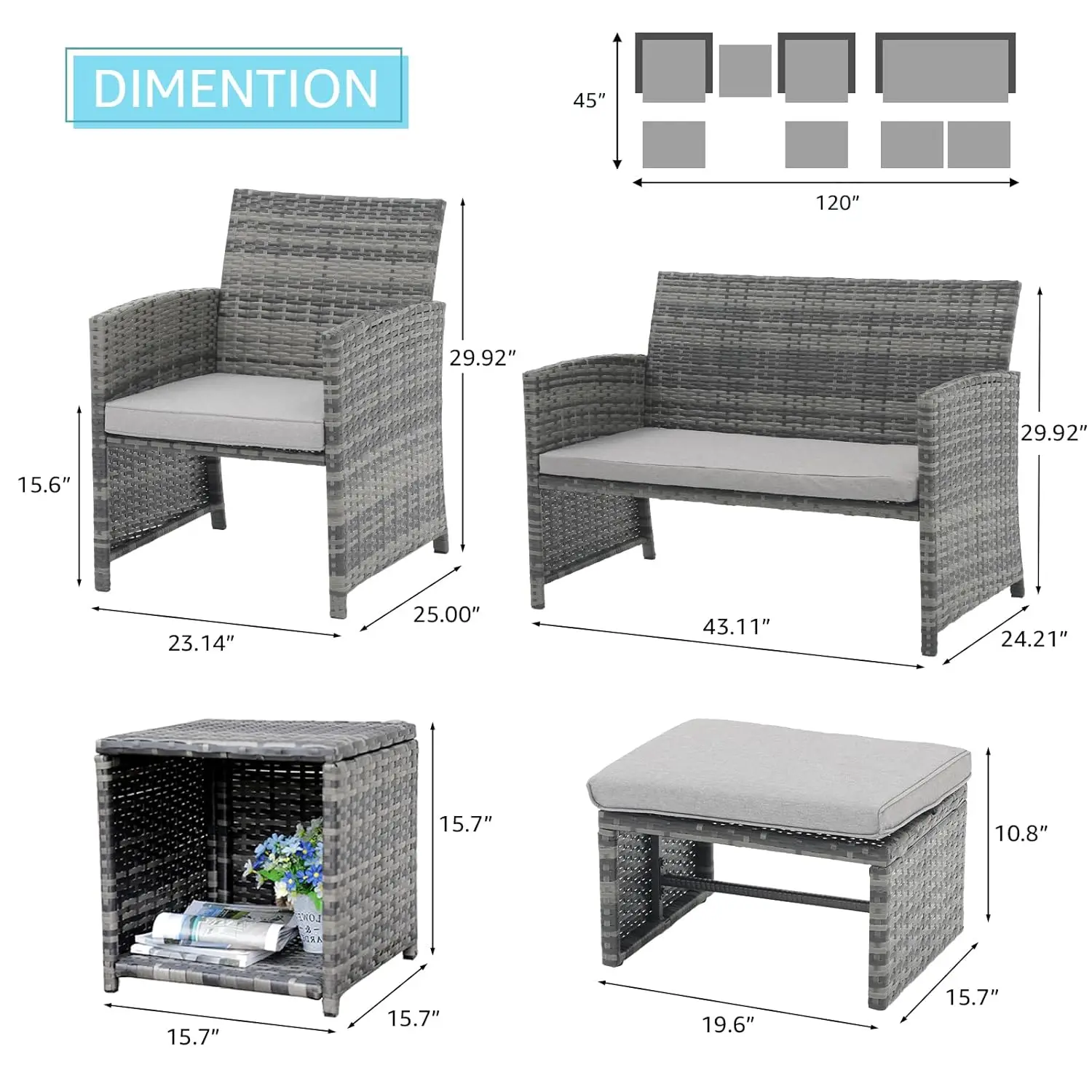 8pcs Patio Set All Weather Wicker Loveseat Chairs Ottoman Table Outdoor Grey Rattan Light Grey Cushion, Customized