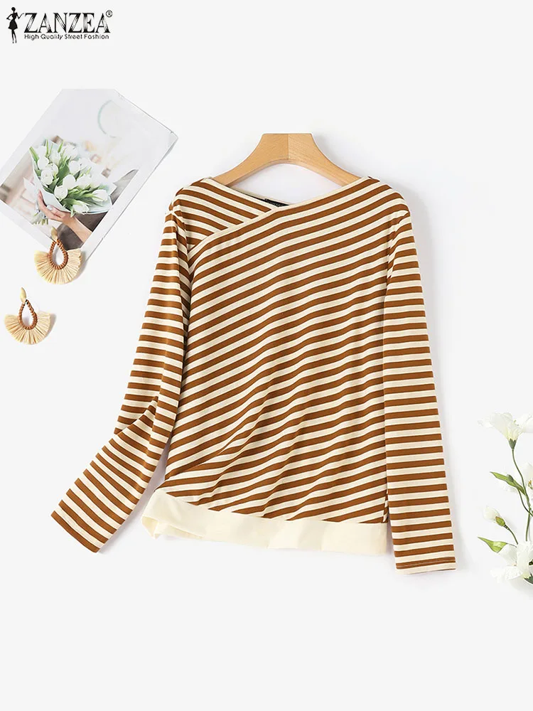 ZANZEA Spring Stripe Patchwork Blouse Woman Long Sleeve V-Neck Shirt Female Elegant Holiday Blusas Mujer Casual Tunic Tops 2024