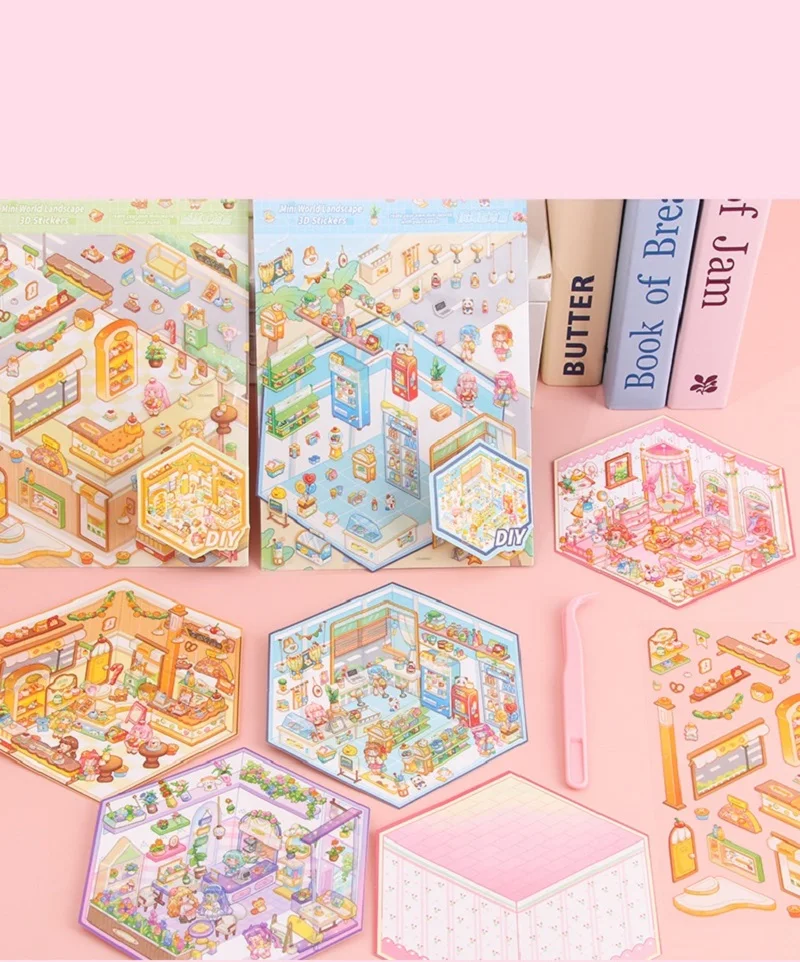 Cartoon Landschaft Aufkleber Nette 3D Miniatur Haus Handgemachte DIY Dekompression Landschaft Zelt Aufkleber Malerei